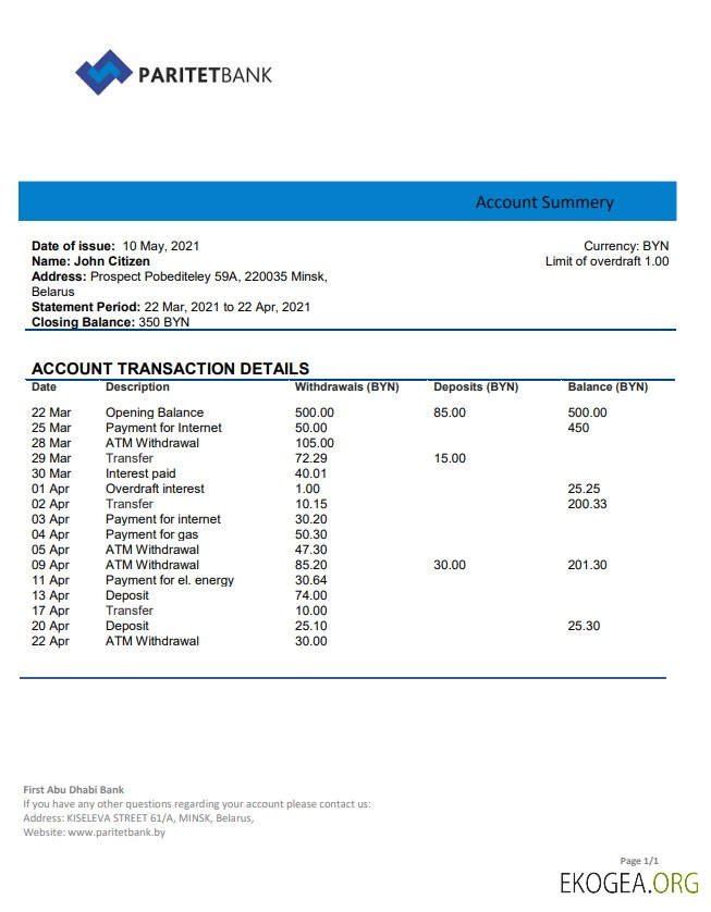 Relevé de la Banque Paritet de Biélorussie